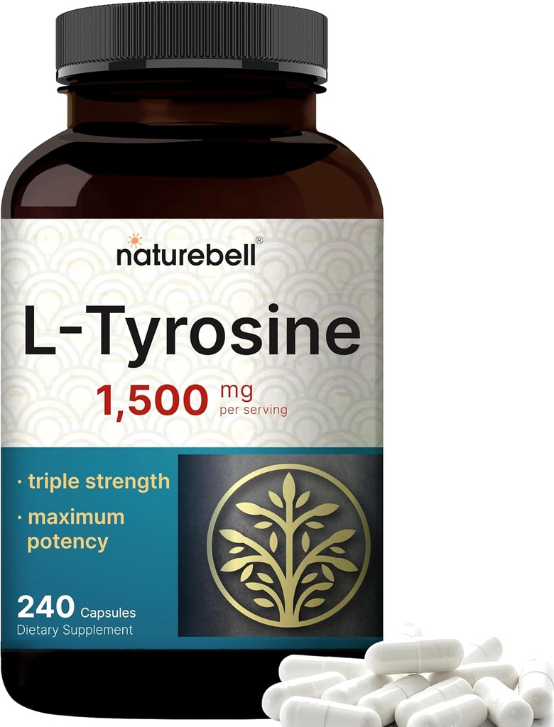 L Tyrosine Supplement, 1,500mg Por Serving, 240 Capsules ← Aminoácidos esenciales – Apoyo a la salud cerebral para la memoria, la salud cognitiva y la alerta mental – Non-GMO