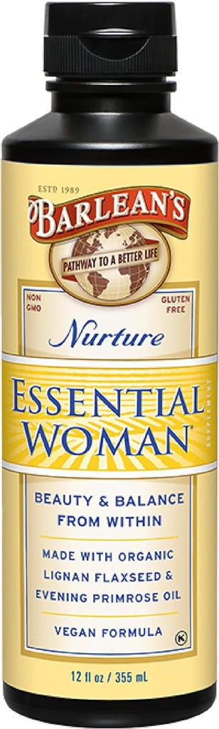 Suplemento Líquido Mujer Esencial de Barlean para Mujeres, Aceite Orgánica de Flaxseed e Evening para el Pelo Saludable, uñas y piel, Omega 3 6 9 y GLA, 12 oz