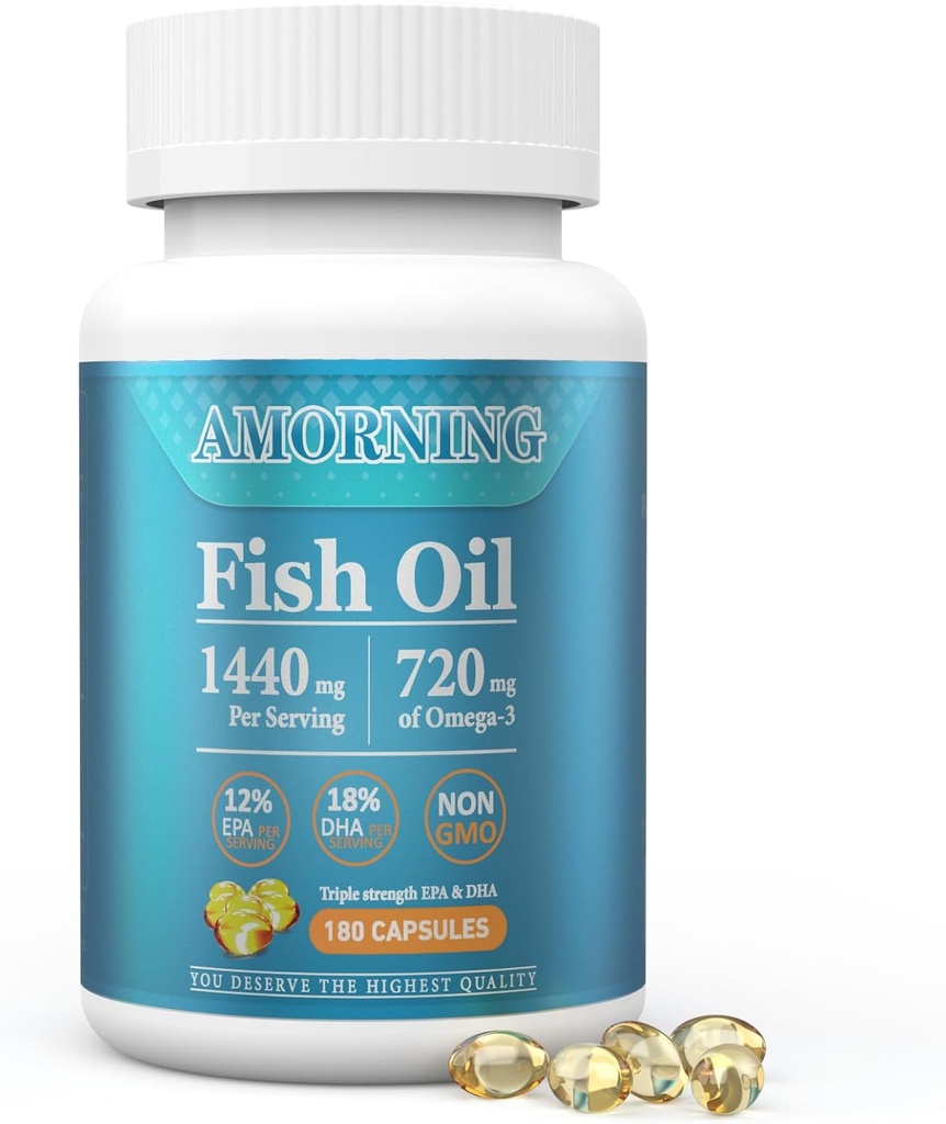 Fish-Oil Omega3-Fatty Acids-Supplement Small-Softgels - 180Count 1440mg para los ojos sanos del cerebro del corazón Soporte Alto EPA DHA Fácil de Tragar