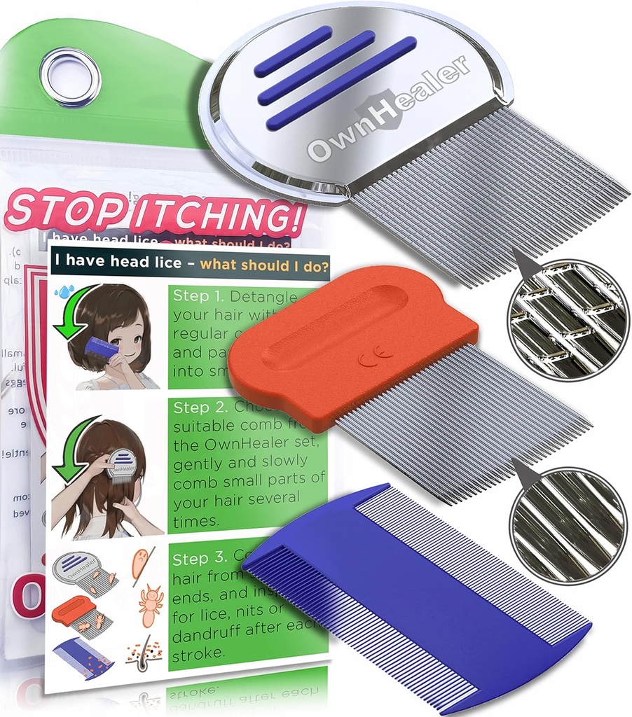 OWNHEALER Professional Lice Comb Kit - para Lice, Nits y Dandruff Removal. Resultados rápidos para el tratamiento de la cabeza - Apto para todos los tipos de cabello. Peine para piojos y liendres.