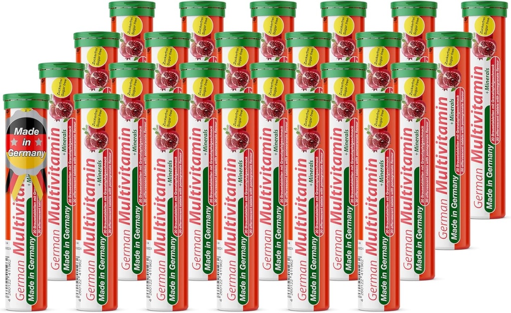 Multvitamina alemana + Minerales 10 Vitaminas 2 Minerales - 480 Tablas de Efervescente de Bebida Vegana - Sabor de granada - Hecho en Alemania