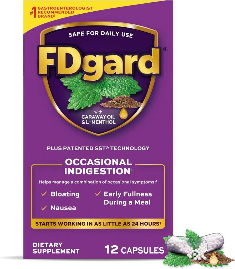 FDgard Gut Health Supplement, Indigestion, Nausea " Bloating, Upset Stomach, 12 cápsulas