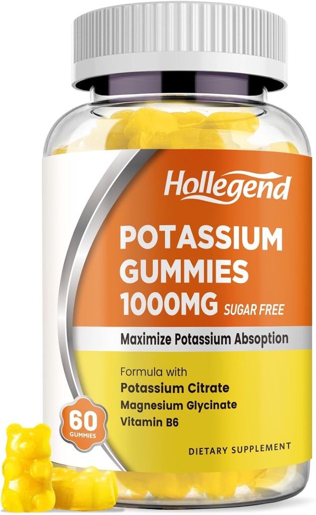 Potasio Gummies 1000mg, Maximizar la Absopción de Potasio Licuado con Vitamina B6 Magnesio, Suplemento de Citrato de Potasio para Adultos, Libre de Azúcar, 60 Condes