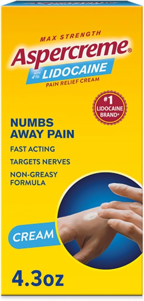 Aspercreme Lidocaine Alivio de Dolor Soothes Agravated Nerves, Numbing Topical Analgesic with Max-Strength 4% Lidocaine " Moisturizing Aloe, 4.3 Oz.