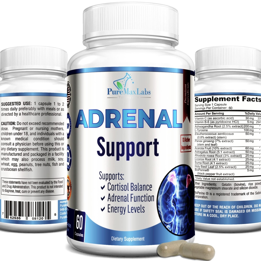 Adrenal Support, Cortisol Manager, Adrenal Health, Maintain Balanced Cortisol Levels, Stress Relief Supplement with Ashwagandha, L-Tyrosine - 60 Capsules