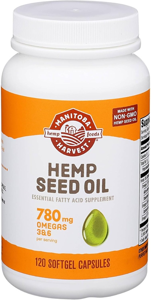 Manitoba Harvest Hemp Seed Oil Softgels, 780 Mg de Omegas de base vegetal 3 &amp; 6 por Serving, 120 Ct
