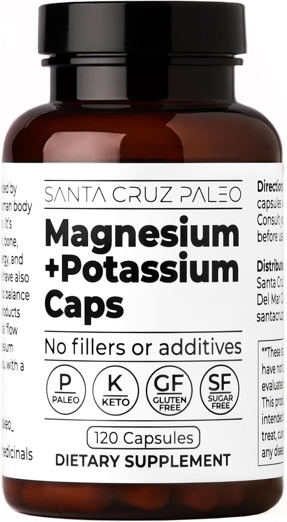 Santa Cruz Paleo Magnesium Potassium Capsules,120 Capsules, Magnesium Glycinate y Potassium Citrate, Gluten Free, Keto, Sugar Free, Paleo, For General Health, Brain, Muscle, Bone y Energy Support.