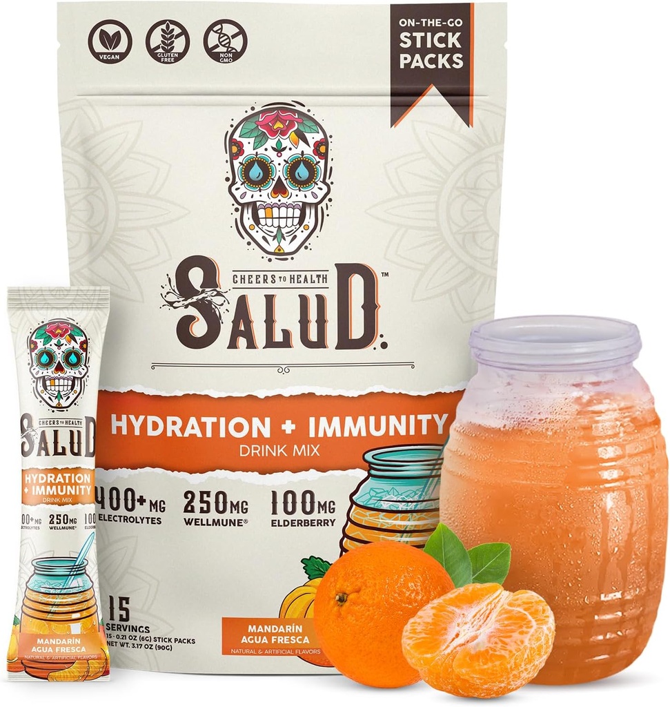 Salud 2-en-1 Hydration Packets + Immunity Electrolytes Powder, Mandarin - Agua Fresca Drink Mix, Elderberry, Dairy Soy Gratis, No Gluten Free, Vegan, Baja Calorie, 1g Sugar (15 Servings)