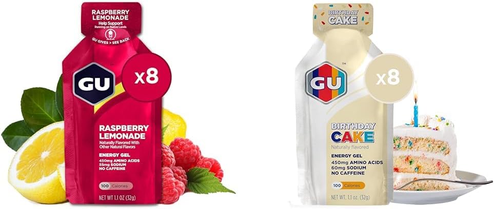 GU Energy Gel 8-Count Raspberry Lemonade y Cumpleaños Pastel Deportes Nutrición Energía Gel Bundle