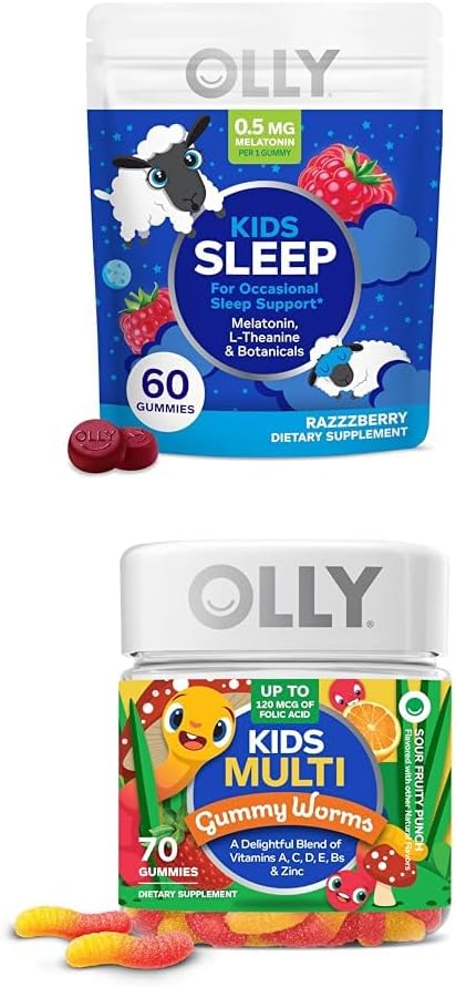 OLLY Kids Sleep Gummy, Melatonin, L Theanine, Chamomile, 60 Conde y los niños multivitamina Gummy Worms, Vitaminas A C D E Bs Zinc, 70 Conde