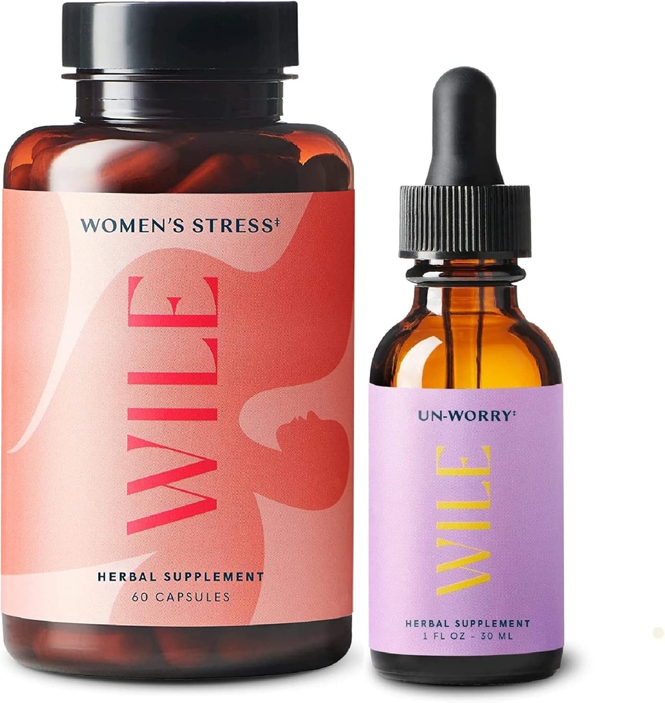 Wile Women's Stress Relief Supplement " Un-Worry Drops, 2-Pack, Mood Support for Women, (1) Bottle Herbal Supplements 60 Capsules " (1) Stress Relief Tincture, 1fl oz