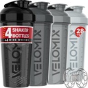 VELOMIX -4 Pack- 28 oz Protein Shaker Botellas para Protein Mixes - 4x Wire Whisk ← Leak Proof Shaker Cups for Protein Shakes ← Protein Shaker Bottle Pack (Silver Mix)