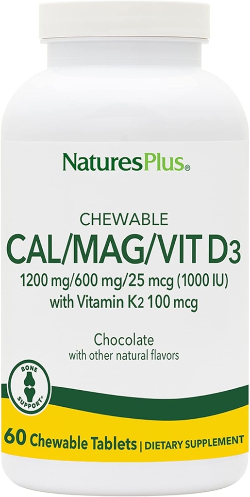 NaturesPlus Cal/Mag/VIT D3 con Vitamina K2-60 Tablas Chewable - Chocolate Flavor - Calcio, Magnesio, Vitamina D3 &amp; K2 Soporte Salud Suplemento - 30 Actuaciones