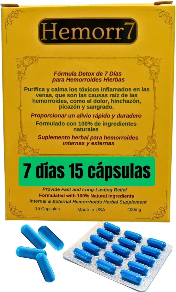 Hemorr7: 7Días 15 Capsules Herbal Hemorrhoid Detox Fórmula Herbal para desintoxicar las hemorroides Durante 7 días