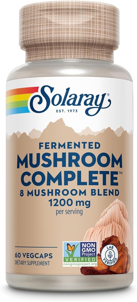 SOLARAY Mushroom fermentado completo - Chaga orgánica, Reishi, Shiitake, Cordyceps, Turquía Tail Mushroom y Lions Mane suplemento cápsulas - 8 Mushroom Suplemento - Non-GMO, 30 Servimientos, 60 VegCaps