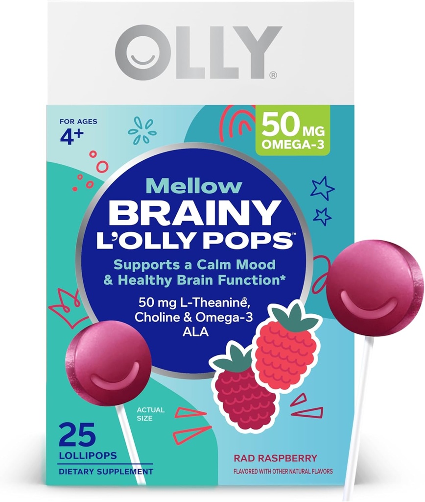 OLLY Mellow Buddies L’OLLY Pops, L-Theanine, Choline, Omega-3 ALA, Kids 4+ Dietary Supplement Lollipops, Supports a Calm Mood &amp; Healthy Brain Function,* Vegan, Raspberry Flavored, 25 Count