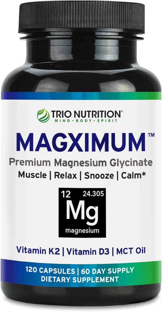Trio Nutrición MagX Magnesio Glycinate, Vitamina D3, Vitamina K2 &amp; MCT Aceite de magnesio tóxico Chelated Complemento de Magnesio Silencioso, Relajación &amp; Recuperación