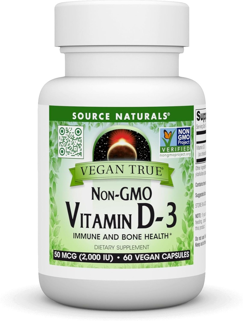 Fuente Naturales Vegan True, Vitamina D-3, Suplemento dietético para la salud de los inmunes y los huesos*, 2.000 UI - 60 cápsulas