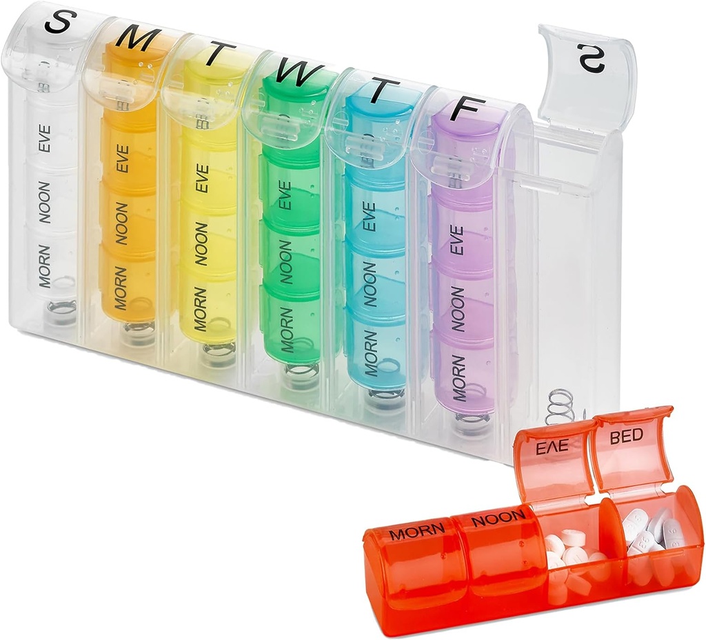 Organizador semanal de píldoras - Pill Planners for Pills and Vitamins Day Week, 4 Times-a-Day Medication Reminder, AM PM Compartments Lunes a Domingo para Viajes o Propósitos