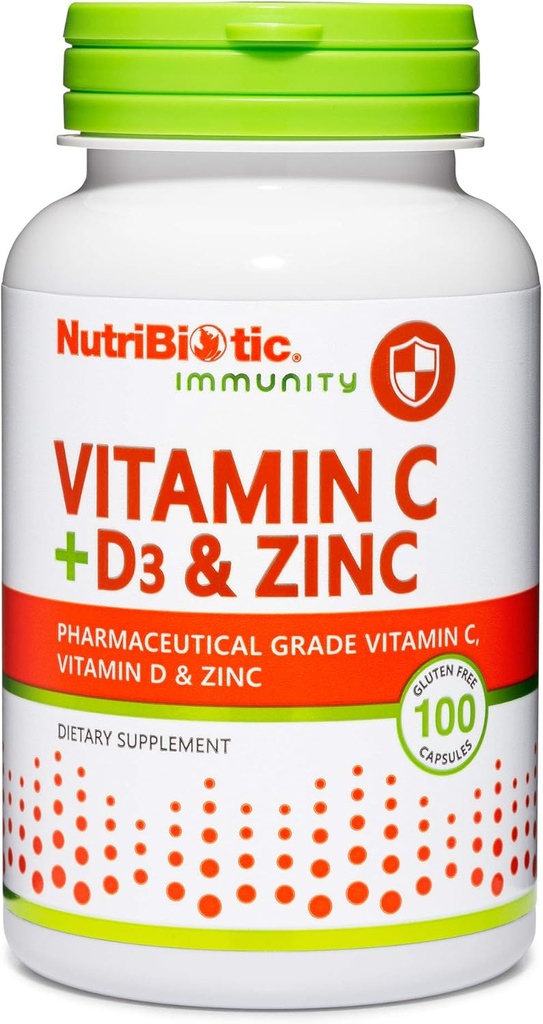NutriBiotic – Vitamina C + Vitamina D3 &amp; Zinc, 100 cápsulas peru Potent, Soporte integral de inmunes ← Esencial &amp; Antioxidante Suplemento diario TEN Gluten > GMO Gratis