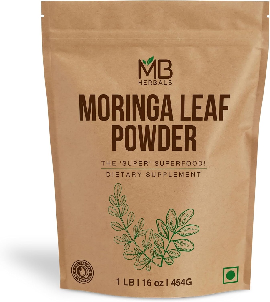 MB Herbals Moringa Leaf Powder 1 lb / 16 oz (454 Gram) Silencio 100% Pure Moringa Powder ← Mezclas Fácilmente en Bebidas &amp; Smoothies ← No Preservatives