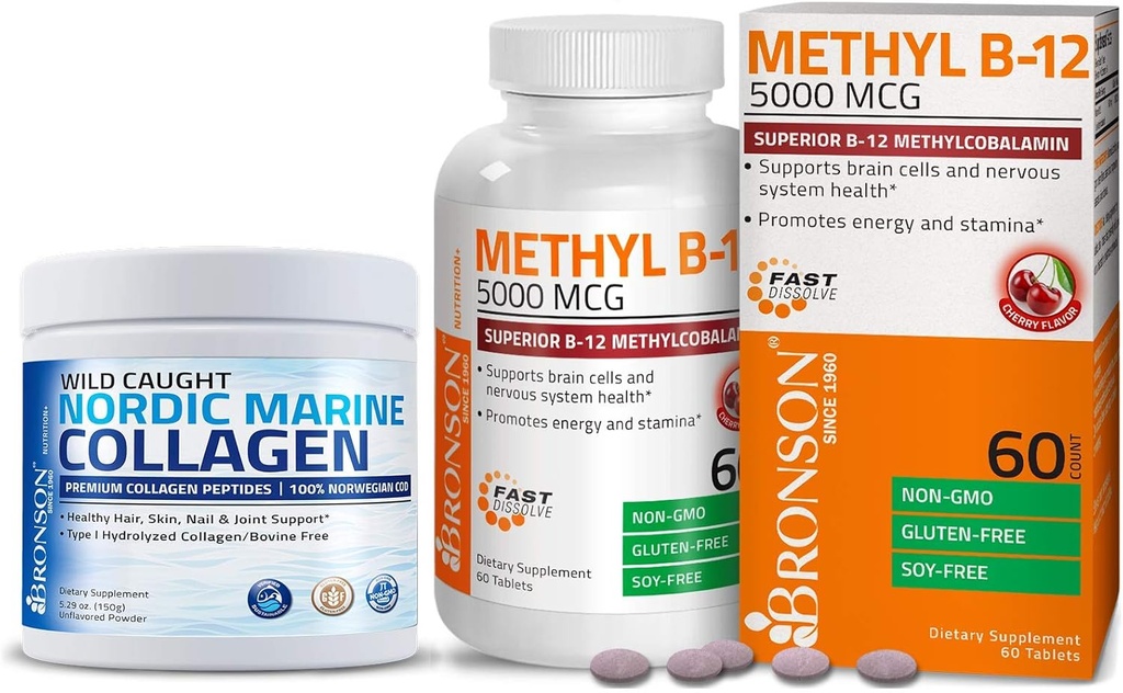 Bronson Marine Collagen Peptides Hydrolyzed Protein Powder + Methyl B12 5000 mcg Vitamin B12 Methylcobalamin