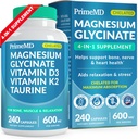 4-en-1 Magnesio Chelated Glycinate 500mg con Taurine - Citrato de Magnesio para Bone, Muscle & Relax - Magnesium Glycinate Capsules with Vitamin D3 K2 - Non-GMO & Gluten Free (240 ct)
