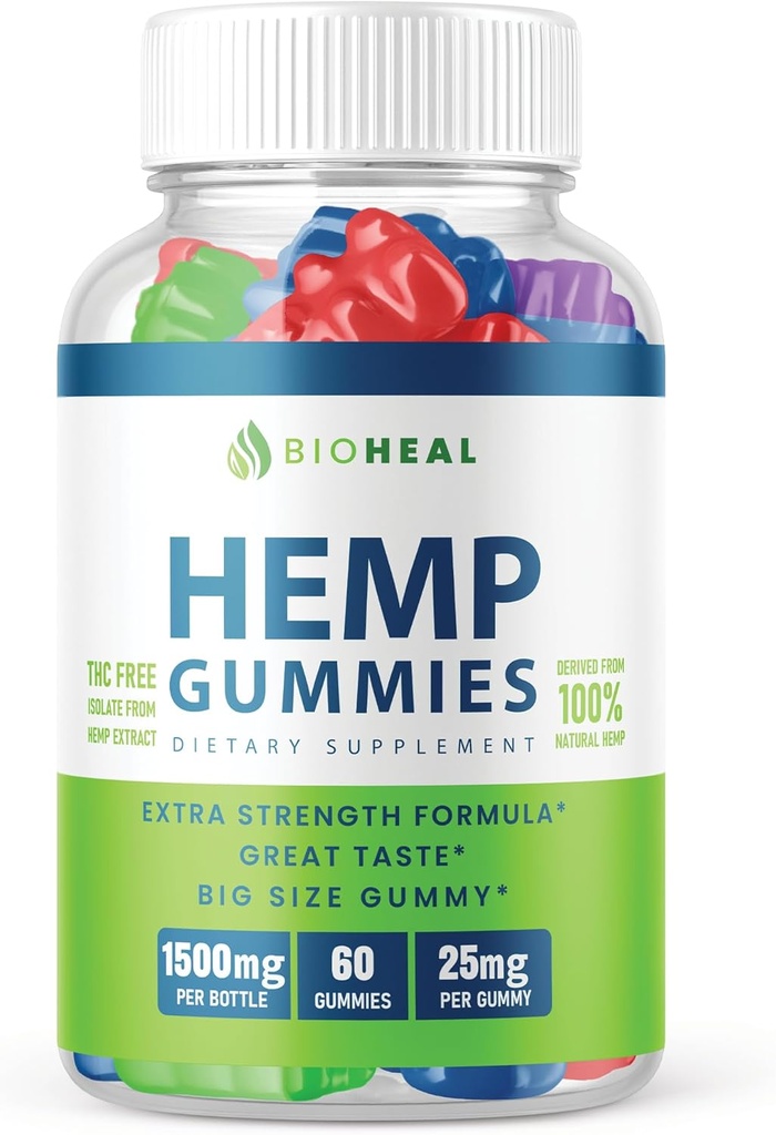 BioHeal Gummies - Official Formula - Bioheal Gummies with Hemp Extract Extra Strength Performance Hemp Blend, Great Taste, Bio Heal Big Size Gummy, New 2023 1500mg Per Bottle New 2023 (60 Gummies)