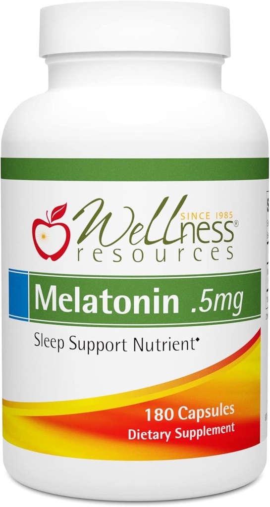 Wellness Resources 0.5mg Melatonin Capsules - Natural Sleep Support Supplement - Gluten Free Sleep Aid, Preservative Free, Third-Party Tested, No Añadido Sugars Dye Free, 180 Capsules