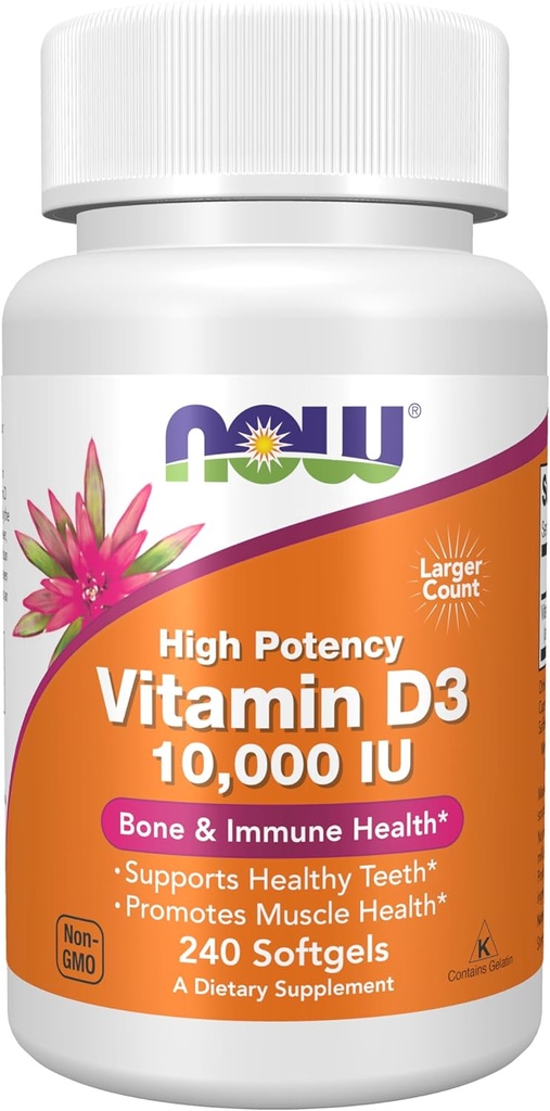AHORA Suplementos de alimentos, vitamina D-3 10,000 U Softgels, vitamina D, soporte conjunto, 240 Softgels