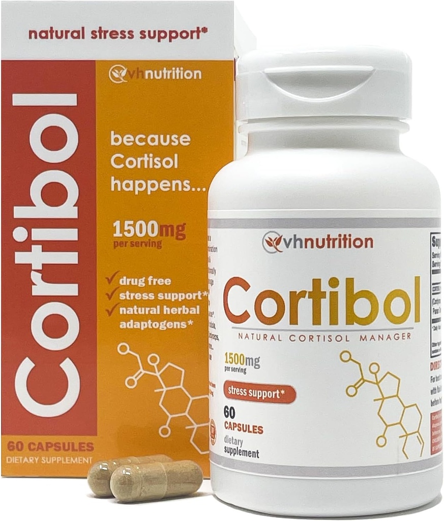 VH Nutrition CORTIBOL Silencioso Cortisol Manager* Suplemento Silencio Maximum Strength Adrenal Support* para Hombres y Mujeres Silenciosos Rhodiola, Cordyceps y Eleuthero ← 60 Capsules