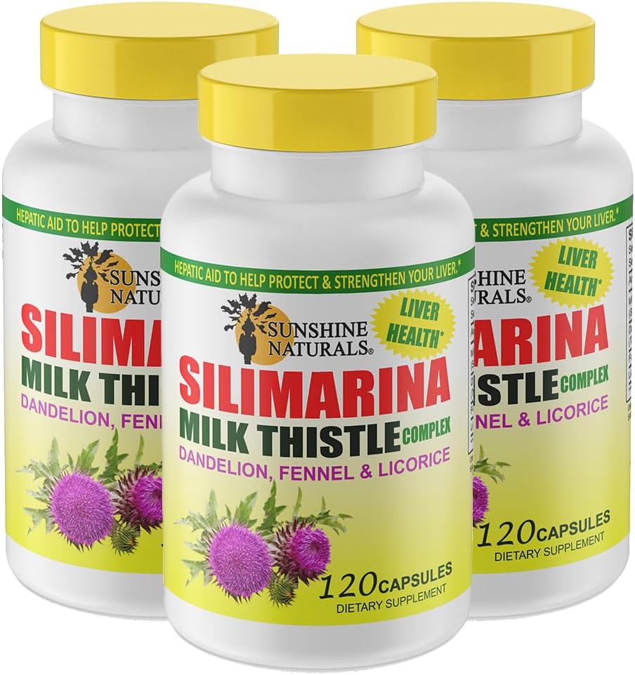 Sunshine Naturals Milk Thistle Complex. Liver Health Support, Detoxification, Antioxidant Defense, and Natural Liver Function Enhancement. Promueve la Salud Digestiva. 600 mg. 120 cápsulas. Paquete de 3.