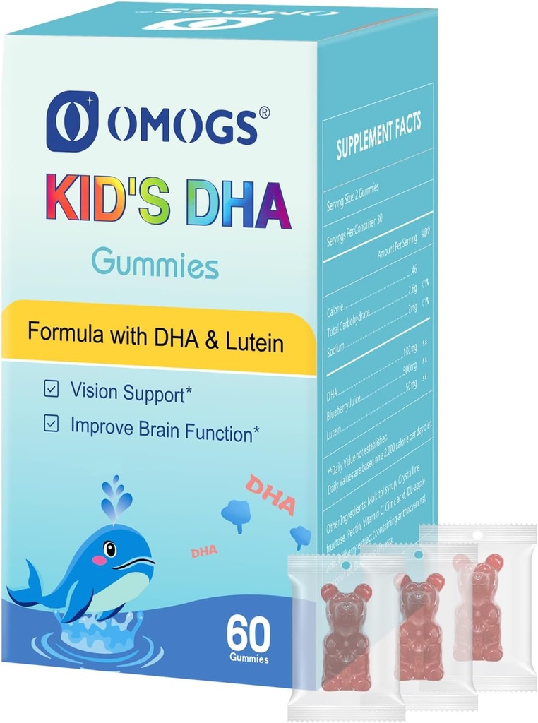 OMOGS Children’s DHA Blueberry Flavoured Gummies, con Lutein, Omega-3 " Vitamina C Algae DHA, para la salud ocular, la salud cerebral " Healthy Immunity, Gluten Free, Vegan, 60 Gummies.