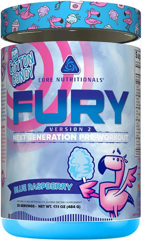 Nutrición básica Furia V2: Polvo de entrenamiento previo para maximizar el rendimiento en la cafeína Gym W/Zum-XR®, L-CItruline y Alpha GPC (40 Scoops) (Fun SweetsTM Blue Raspberry)