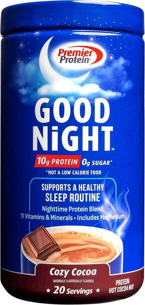 Premier Protein Good Night Protein Powder, Hot Cocoa Mix, 10g Protein, 0g Sugar, 11 Vitaminas &amp; Minerals, Nighttime Protein Blend, Magnesium, Zinc, 20 Serve, 1 Tub