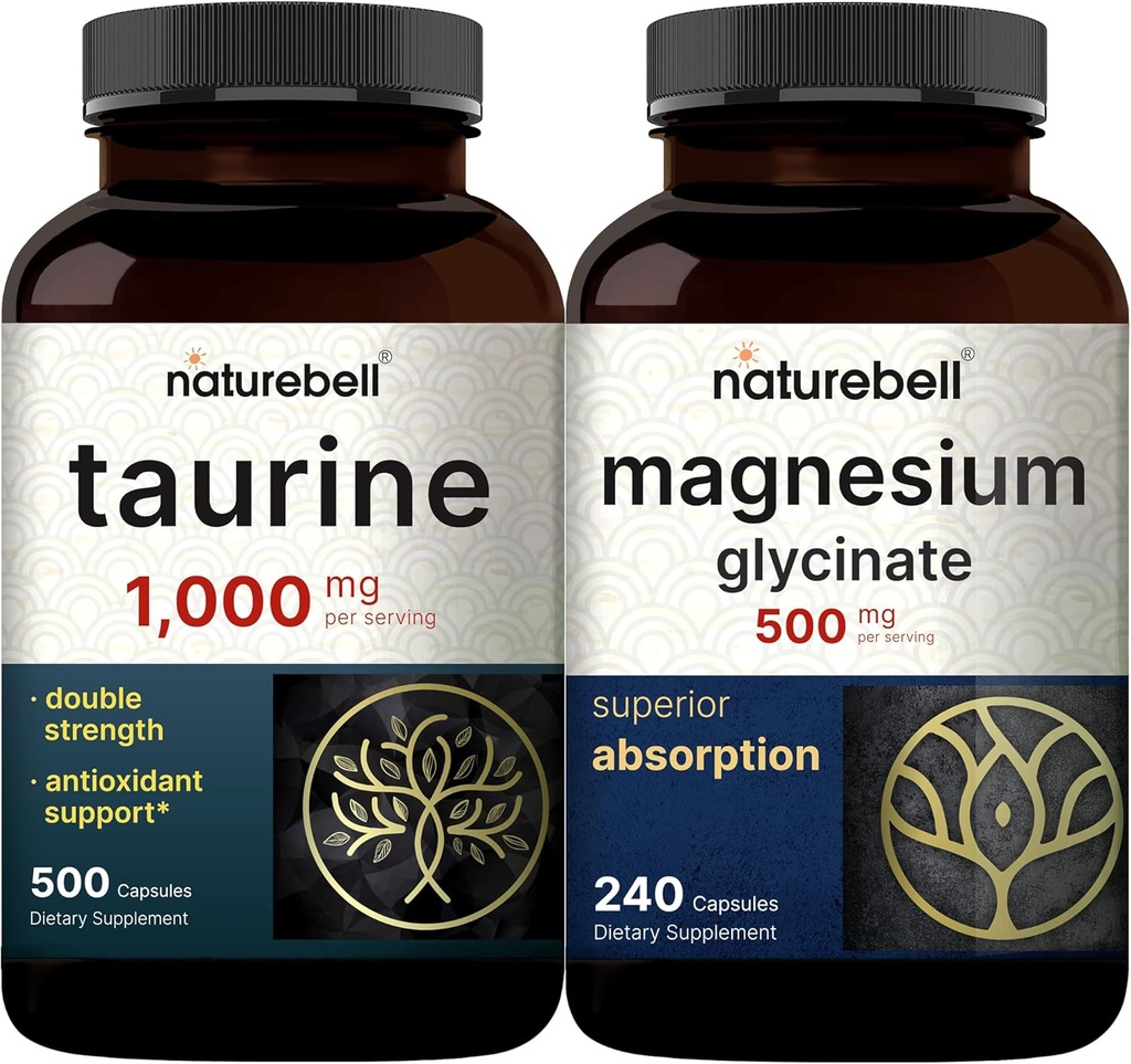 NatureBell Magnesium Glycinate Capsules 500mg & Taurine Capsules 1000mg Por Serving Bundle Pack ¦ Chelated & Purified Mineral ← Aminoácidos esenciales Suplemento
