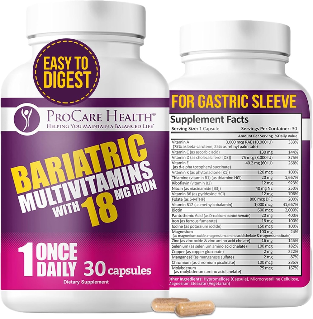 ProCare Health Bariatric Multivitamínico con Iron 18mg (30 cápsulas fáciles de absorber) - Post Op Vitaminas Bariatrices para Píldoras de Bypass Gástrico - Debe tener para los pacientes de Sleeve (1 mes de suministro)