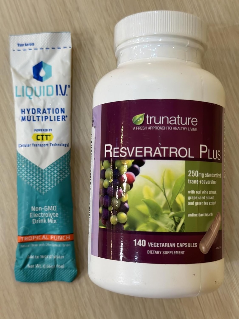SaludEmpire Costco Trunature Vitaminas Bundle, Resveratrol Plus 140 cápsulas vegetarianas e I.V líquido multiplicador de hidratación 1 Stick Packed Poly Bag (1)