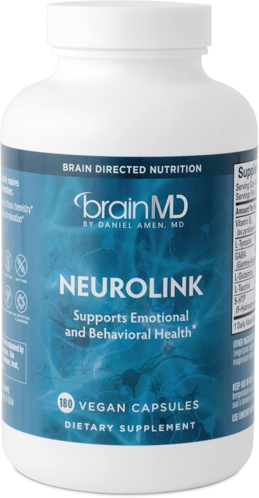 Dr Amen BrainMD NeuroLink - 180 Capsules - Promueve Función cerebral óptima, Focus & Concentration - Gluten Free - 45 Servimientos