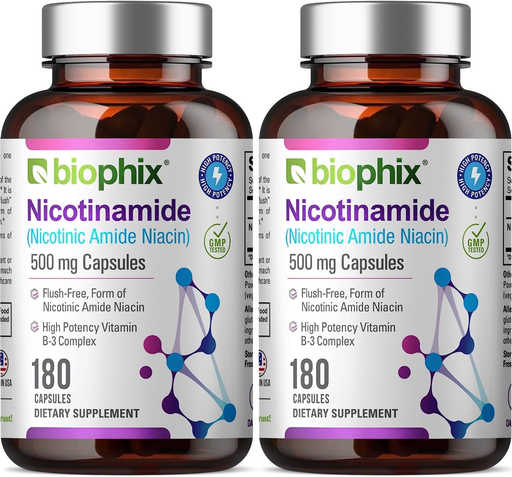 biophix B-3 Nicotinamide 500 mg 180 Caps 2 Pack - Nicotinic Amide Niacin Natural Flush-Free Vitamina Fórmula - Apoyos Skin Cell Health