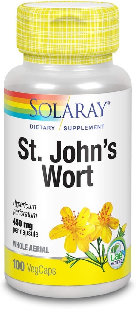 SOLARAY St. John's Wort Aerial 450mg ← Herbal Support for Mood, Brain Health &amp; Healthy Sleep ← 100% Vegan, Non-GMO ← 100ct