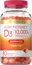 Carlyle Vitamin D3 10000iu Gummies for Adults ← 80 Conde ← Peach Flavored Gummy TEN High Potency for Women &amp; Men ANTE Vegetarian, Non-GMO, Gluten Free Supplement