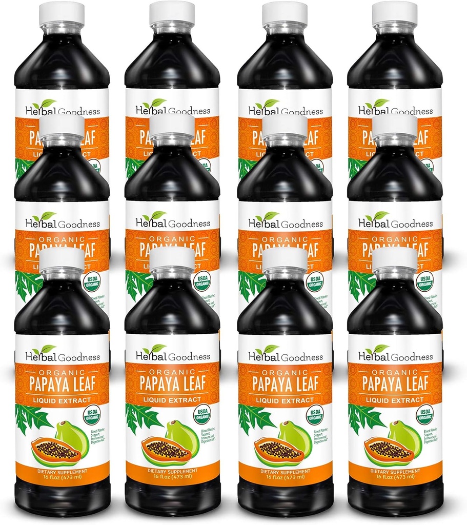 Papaya Leaf Extract Blood Platelet Support - 15X Strength - Natural Platelet Booster &amp; Digestive Aid - Orgánica Liquid Extract - 16oz Juice - Case Qty (12) - Herbal Goodness