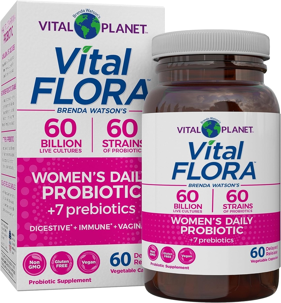 Vital Planet - Vital Flora Femenino Probiótico 60 Billones CFU, 60 Strains Diversos, 7 Prebióticos Orgánicos, Vaginal e Immune Support, Bloating, Digestive Health Probiotics for Women 60 Capsules