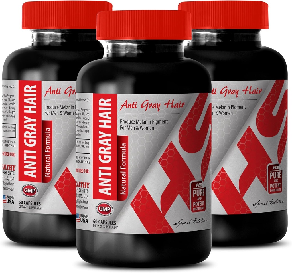 Folic Acid with b12 - Anti Gray Hair Natural Formula - Skin and Nails Support (3 Bottles)
