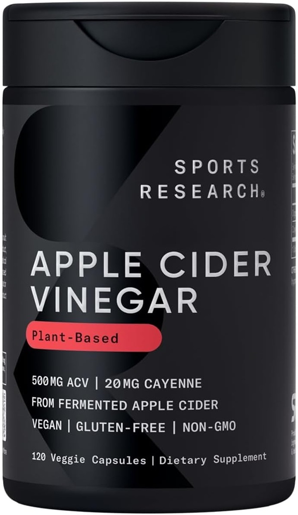 Sports Research Apple Cider Vinegar con Cayenne Pepper Silencio Hecho de la sidra orgánica de Apple fermentada - Proyecto no GMO Verificado " Vegan Certified (120 cápsulas vegetarianas)