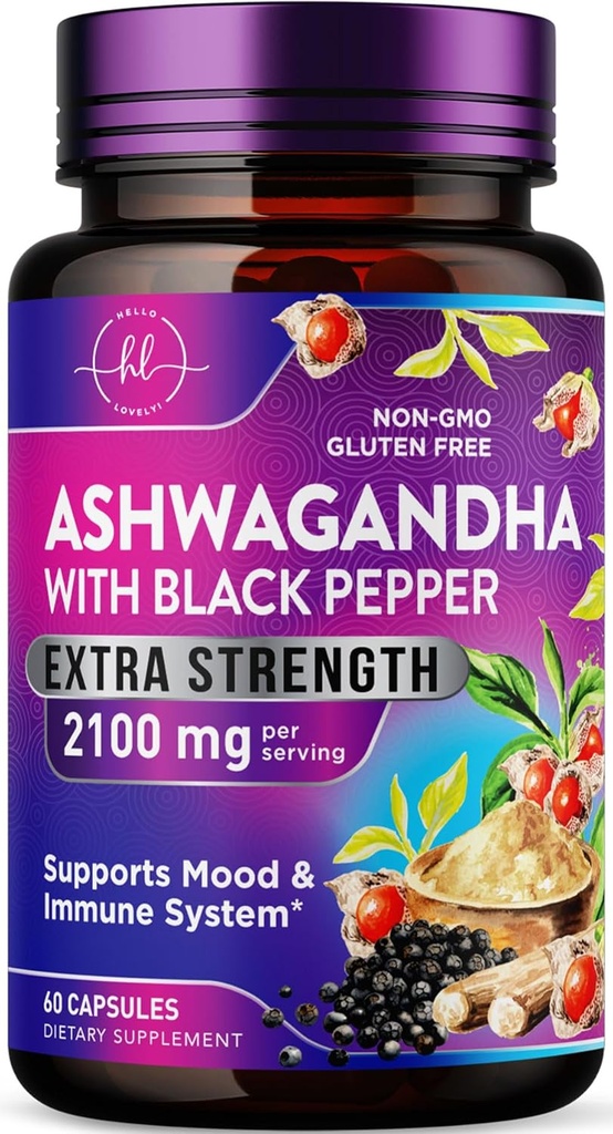 Ashwagandha 2,100 mg - Suplementos de Ashwagandha para mujeres en cápsulas de verduras con extracto de raíz de polvo, cobre negro para alta absorción, planta base, no GMO, embotellado en los EE.UU. - 60 cápsulas de verduras