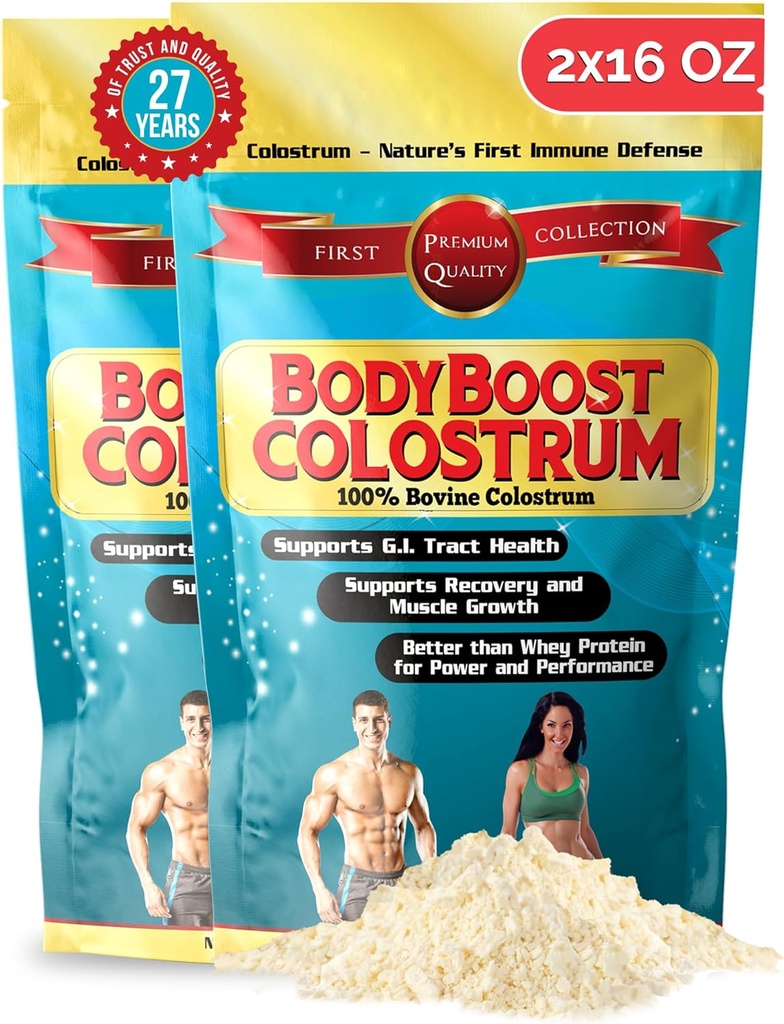 BodyBoost Colostrum Whole, 100% Bovine Colostrum Powder, Immune Booster Suplemento con Inmunoglobulina &amp; Lactoferrin, Grass Fed Colostrum, Gut Health, Diverse Intake, 2x16 oz