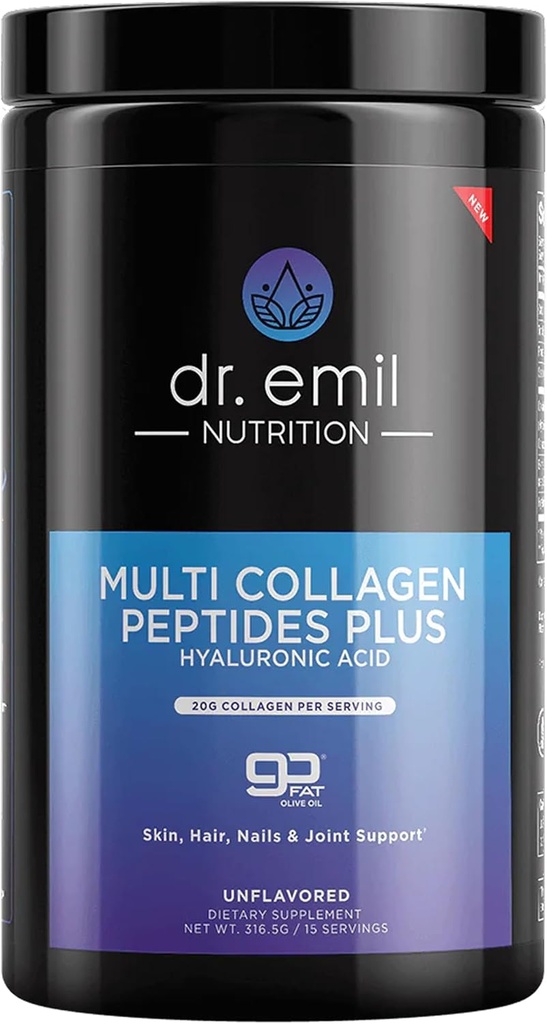 DR. EMIL NUTRITION Multi Collagen Peptides Powder - 20g de Collagen Protein desenfrenado con ácido hialurónico para el cabello, la piel, las uñas y las articulaciones - 15 Servings