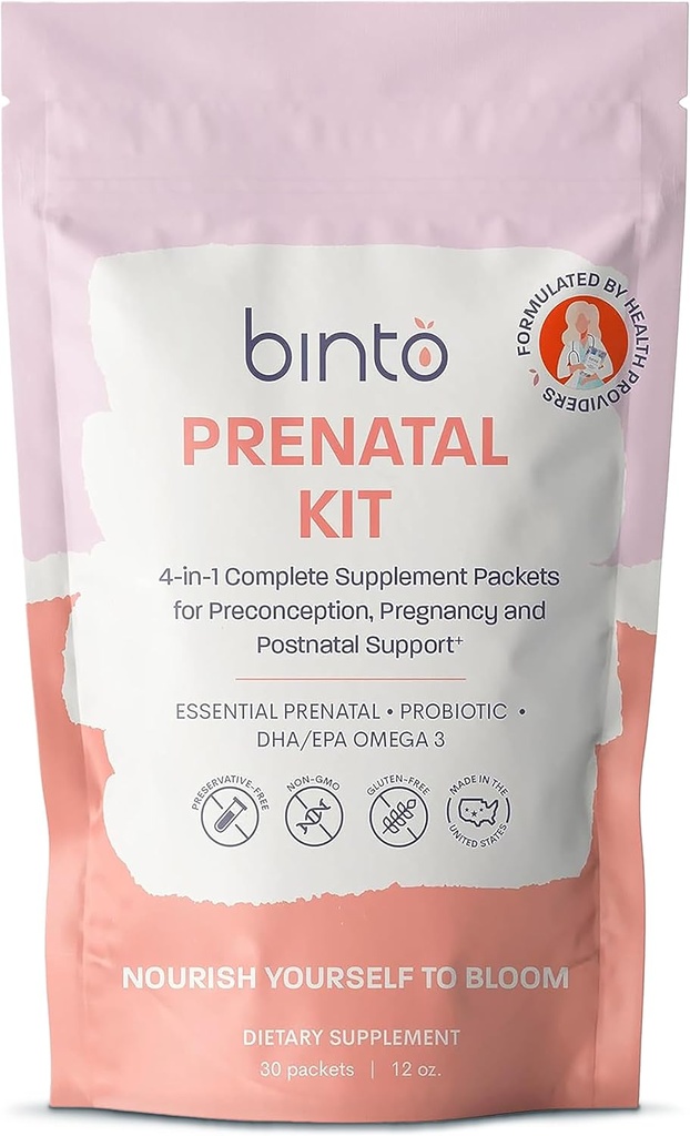 Binto Prenatal Kit - 4-in-1 Supplements for Healthy Mom & Baby - 30 Day Supply - Multivitamin, Probiotics, Iron, DHA, Methylated Folate & Folic Acid - Non-GMO, Gluten-Free, Vegetarian